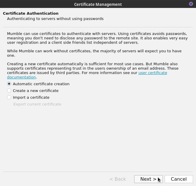 The certificate creation dialog.